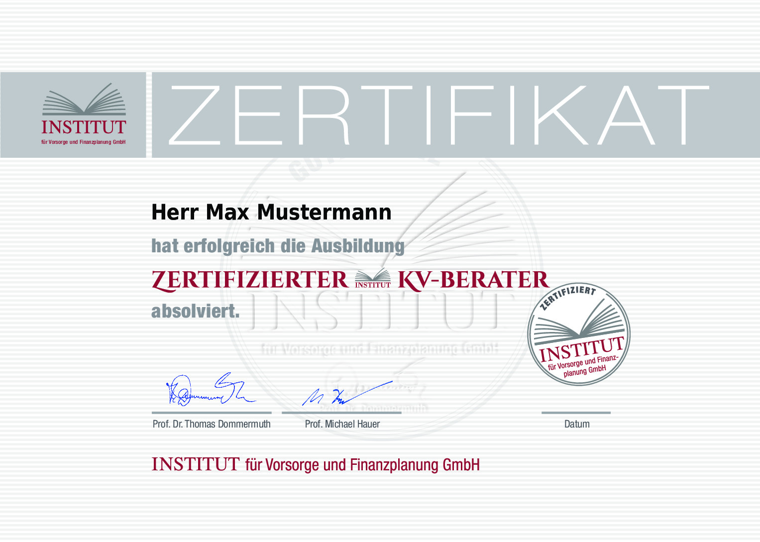 Zertifikat_Vorlage_ZKVB mit Label_200228_GLG Seminar Private Krankenversicherung - Zertifizierter KV-Berater (ZKVB)